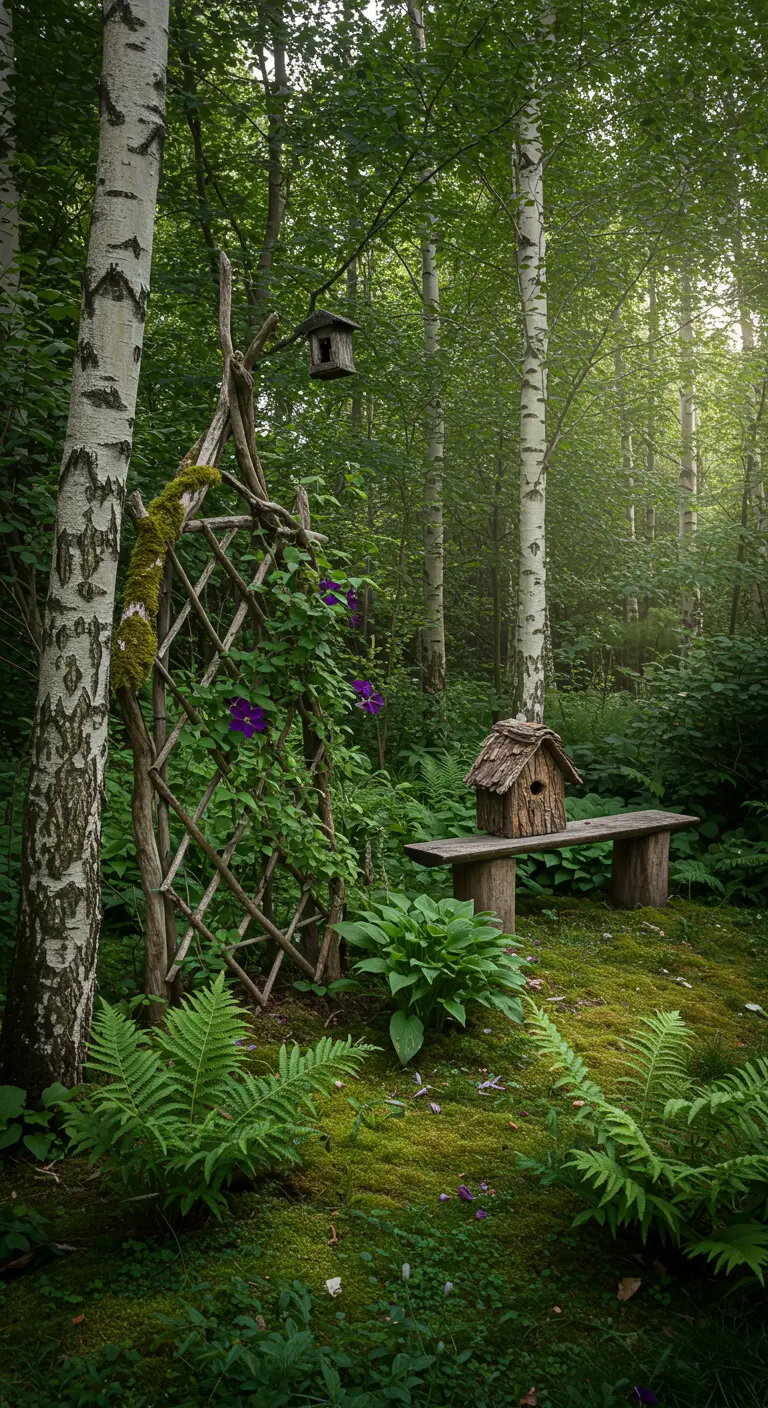 Moosbewachsene Treibholz-Rankhilfe mit lila Clematis in einem Birkenwald.