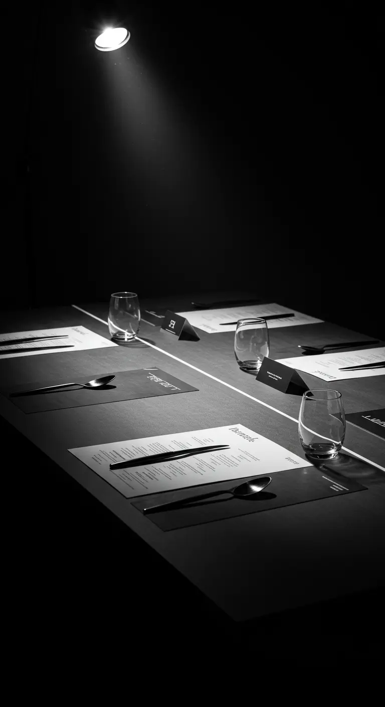 Minimalistisch gedeckter Tisch in Schwarz-Weiß, von einem Spot beleuchtet.