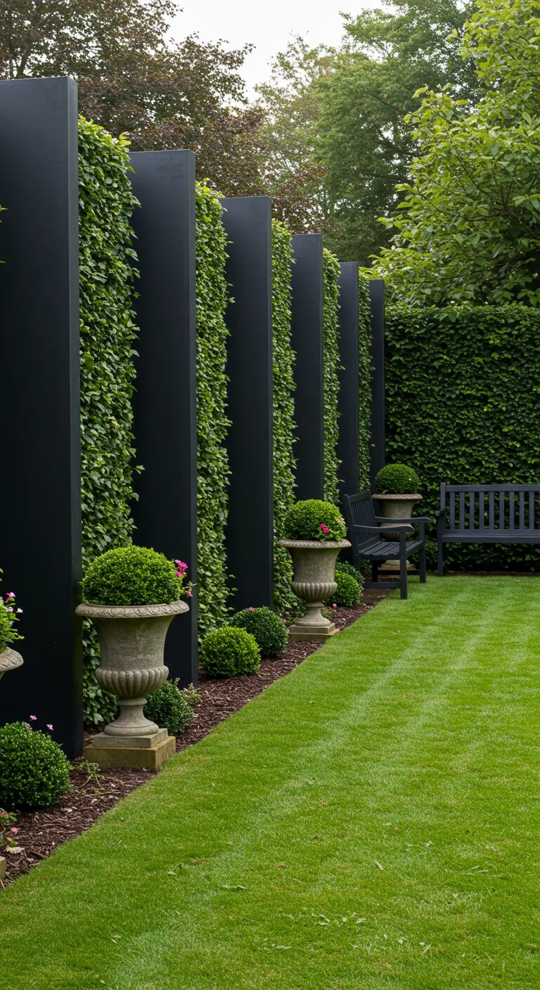 Lange Reihe mattschwarzer Metallsäulen, bewachsen mit Efeu, in einem formalen Garten mit Rasen.