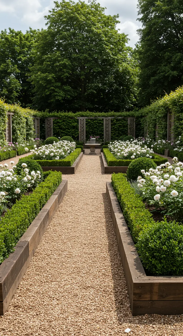 Ein formeller Garten mit Kieswegen und weißen Rosen, eingefasst von dunklen Holzbalken.