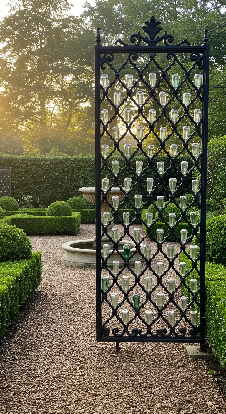 Ein elegantes, schwarzes Schmiedeeisengitter in einem formellen Garten, gefüllt mit klaren Glasflaschen.