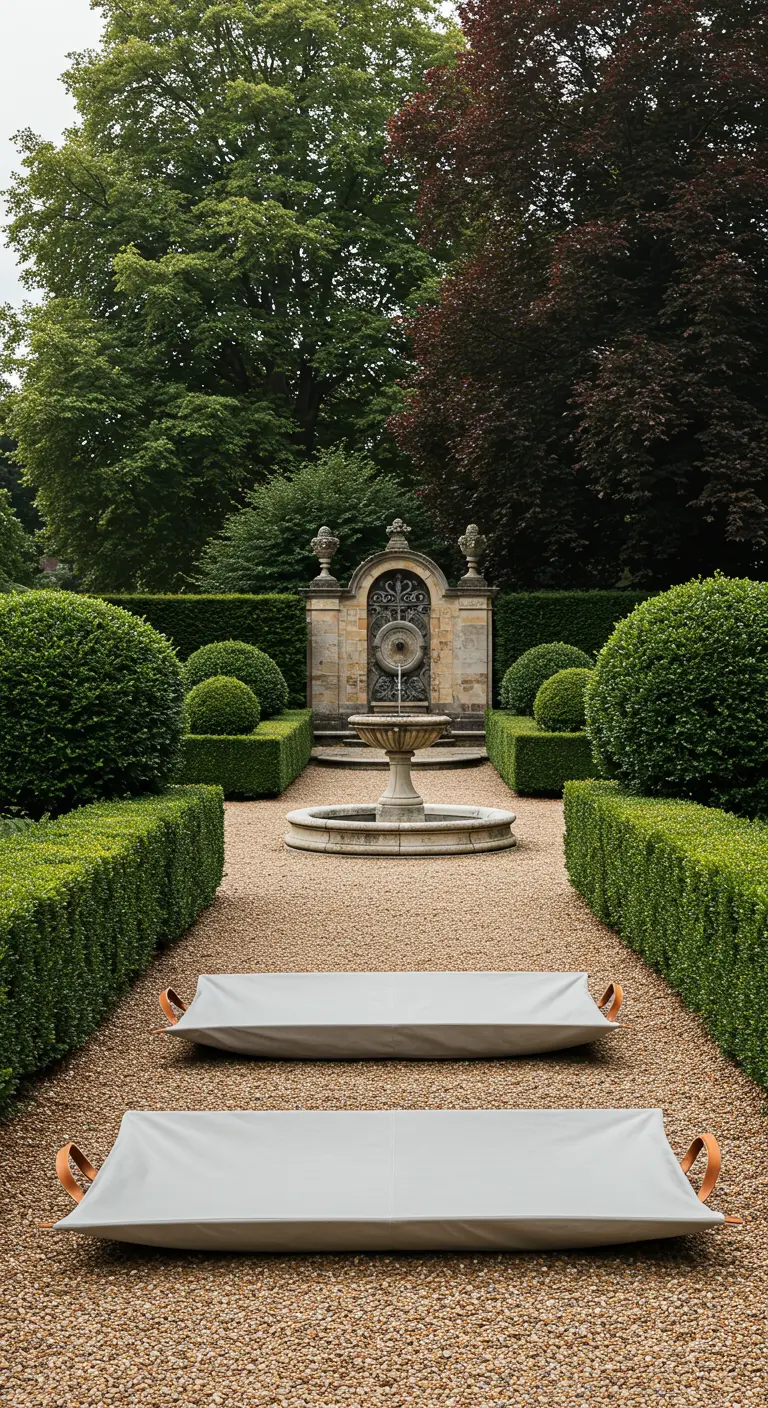 Zwei hellgraue Segeltuchliegen mit Ledergriffen in einem formalen Barockgarten.