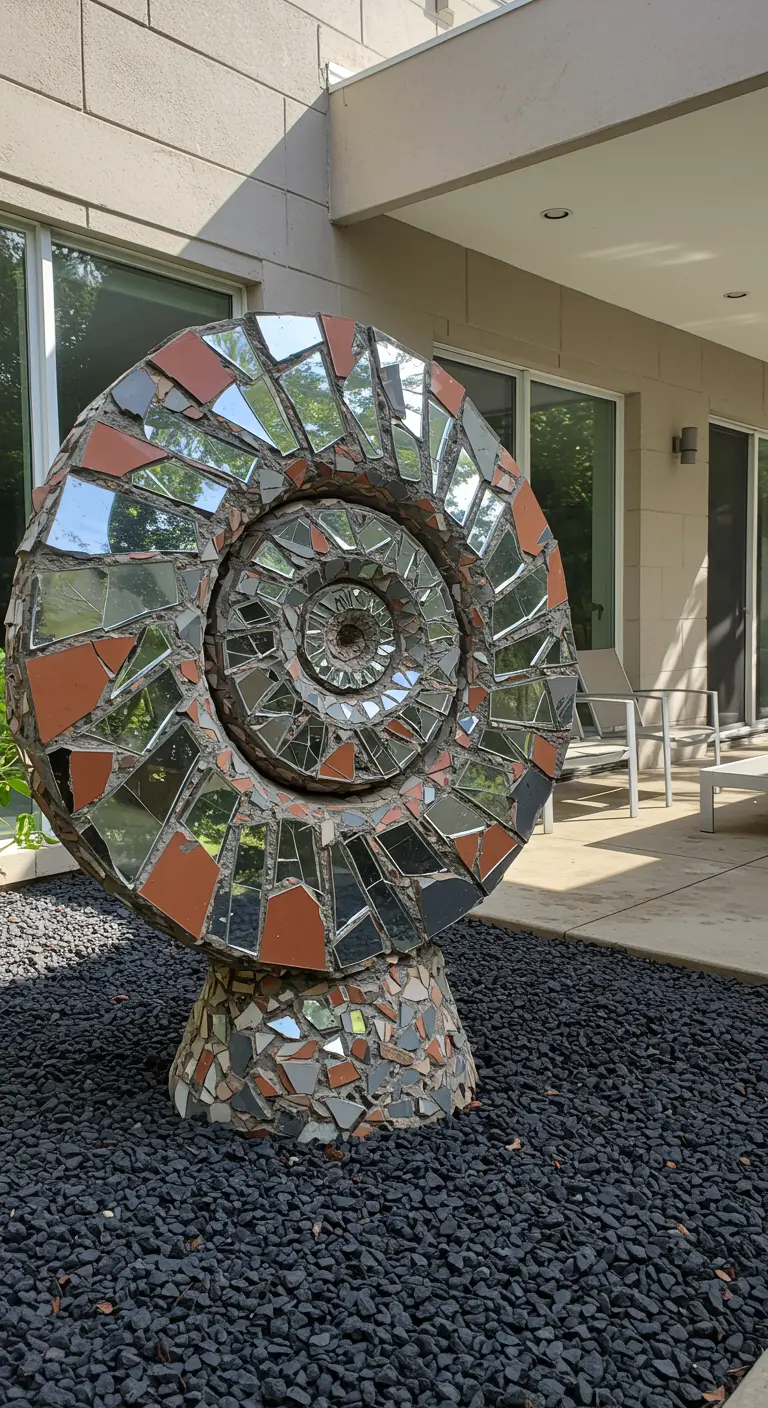 Große, spiralförmige Mosaik-Skulptur mit Spiegel- und Terrakottascherben auf schwarzem Kies.
