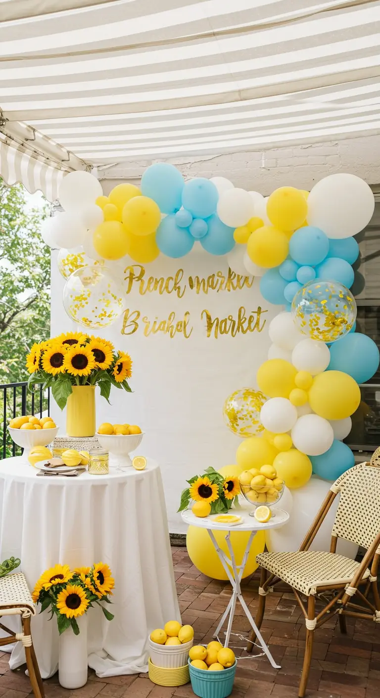 Ballonbogen in Gelb, Blau und Weiß über einem Tisch mit Sonnenblumen und Zitronen