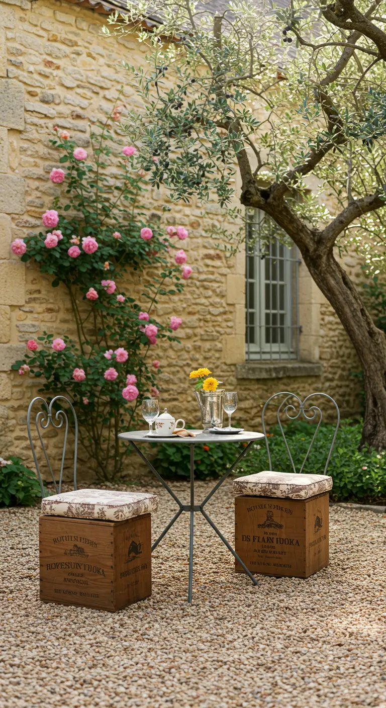 Zwei Weinkisten mit gemusterten Kissen an einem Bistrotisch in einem steinernen Innenhof.