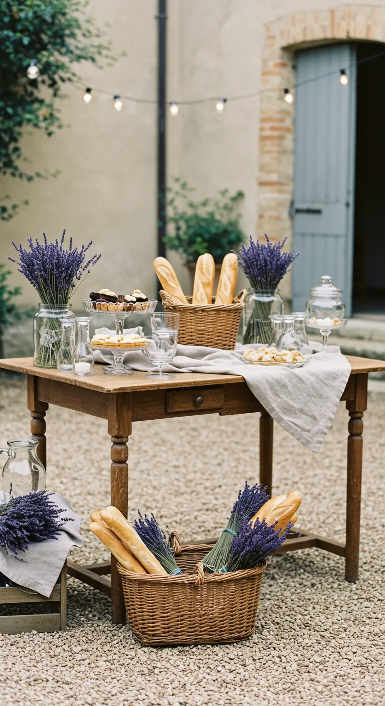 Kaffeetisch im französischen Landhausstil mit Lavendel, Baguettes und Leinentischtüchern.