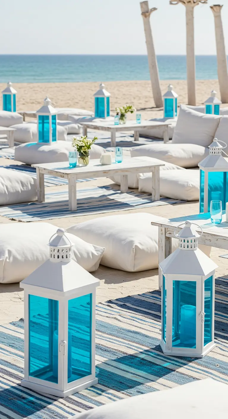 Strand-Setup mit weißen Kissen, gestreiften Teppichen und weiß-türkisen Laternen.