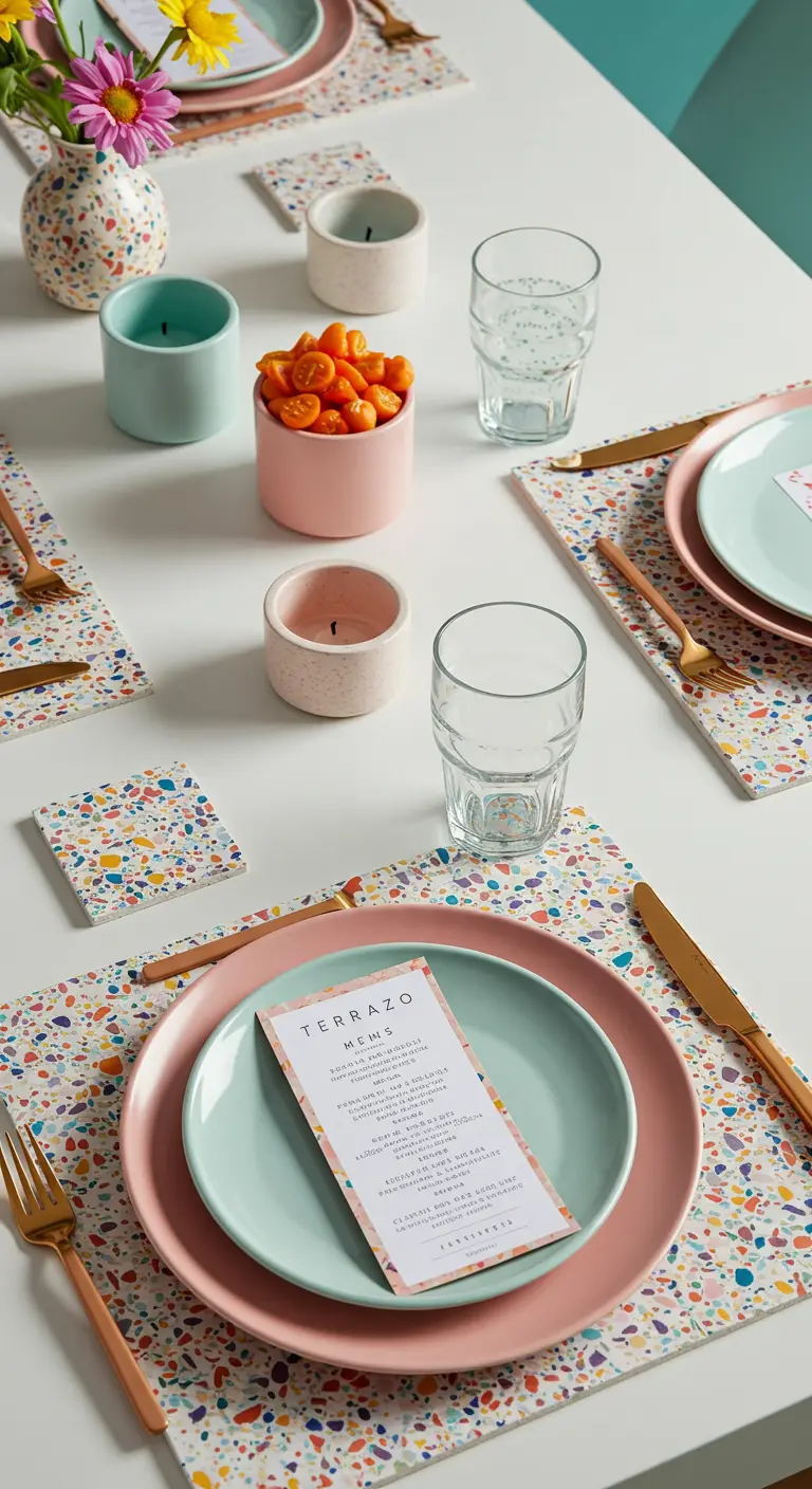 Tischdeko mit Tischsets im Terrazzo-Muster und pastellfarbenem Geschirr.