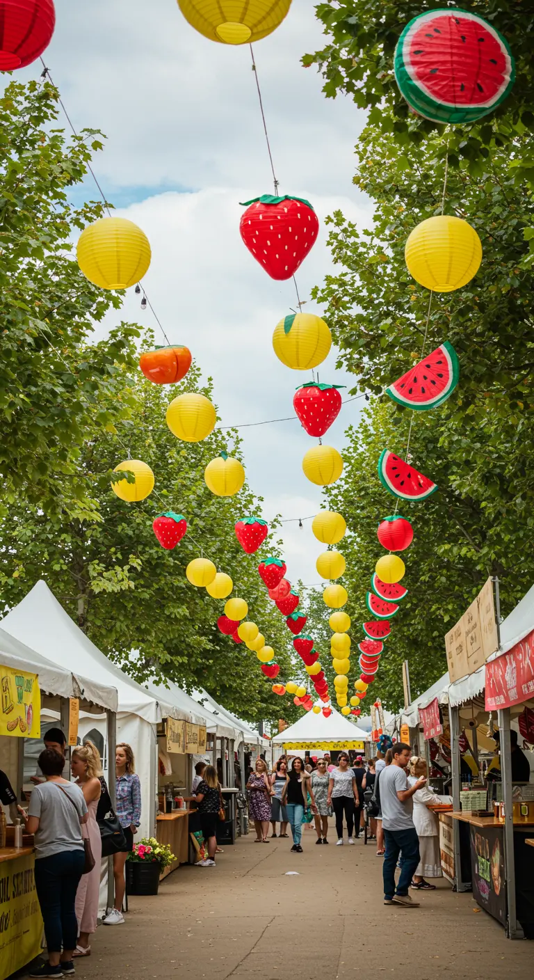 Eine Girlande aus gelben Lampions und Papierfrüchten wie Erdbeeren und Wassermelonen.