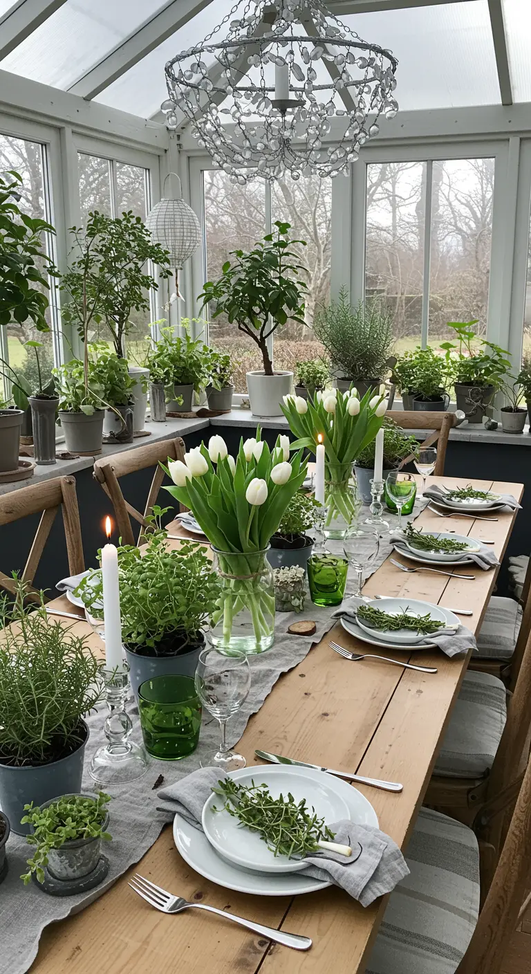 Üppig grüner Tisch in einem Wintergarten mit Kräutertöpfen und Tulpen.