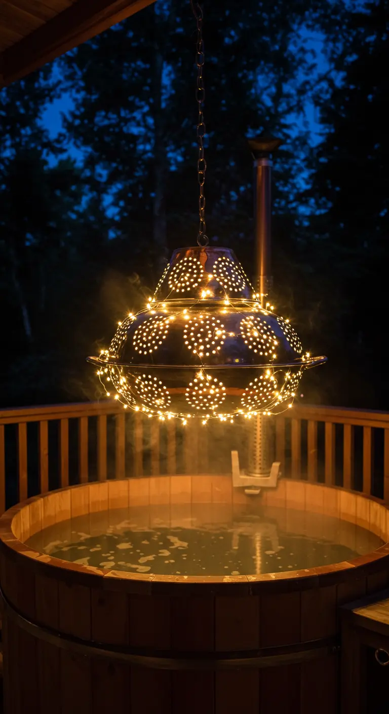 Zwei Metallsiebe als Kugel geformt und mit Lichterketten umwickelt, hängen über einem Hot Tub.