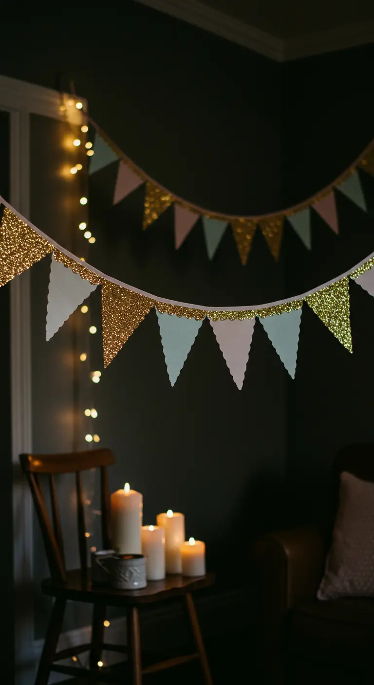 Eine Wimpelkette aus goldenem Glitzer und pastellfarbenem Papier hängt vor einer dunklen Wand neben Kerzenlicht.