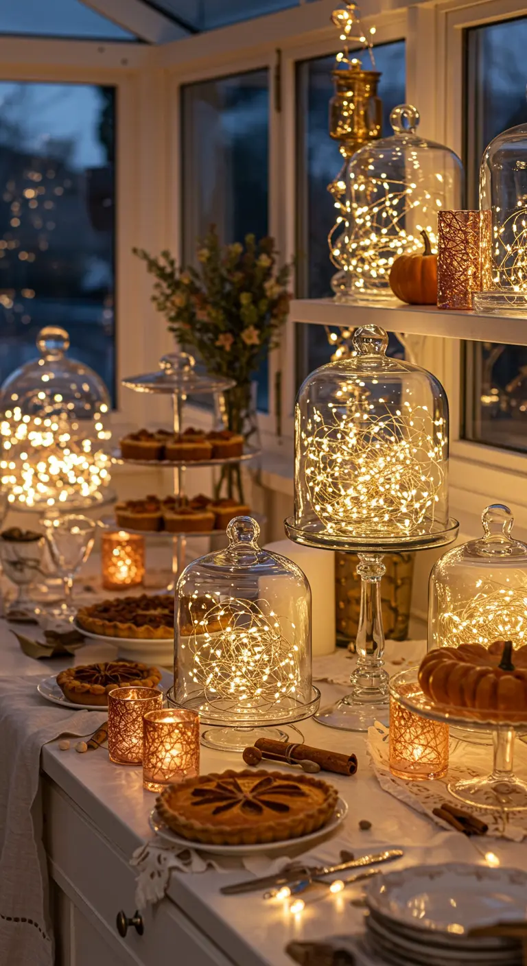 Herbstlicher Desserttisch mit Kuchen, dekoriert mit Lichterketten unter Glasglocken