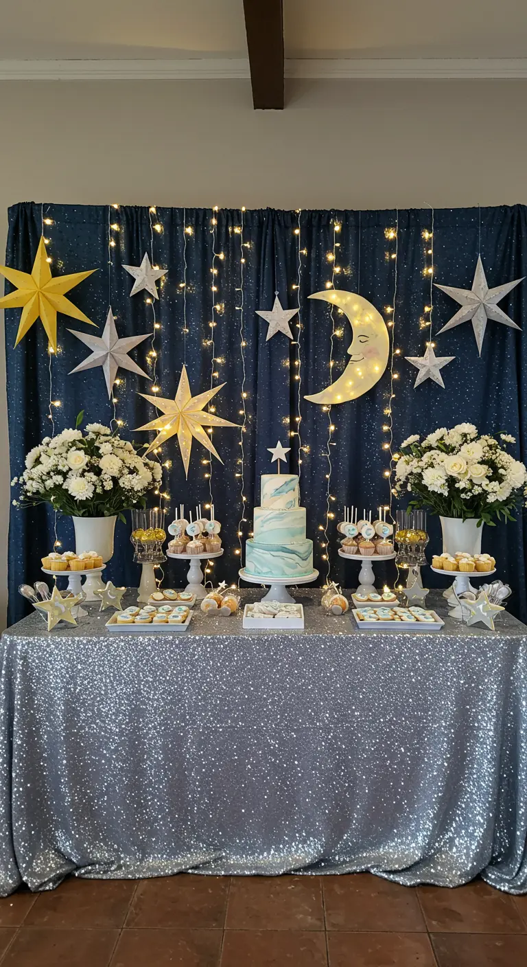 Sweet Table vor einem dunkelblauen Vorhang mit Lichterketten und Papiersternen, silberne Tischdecke.