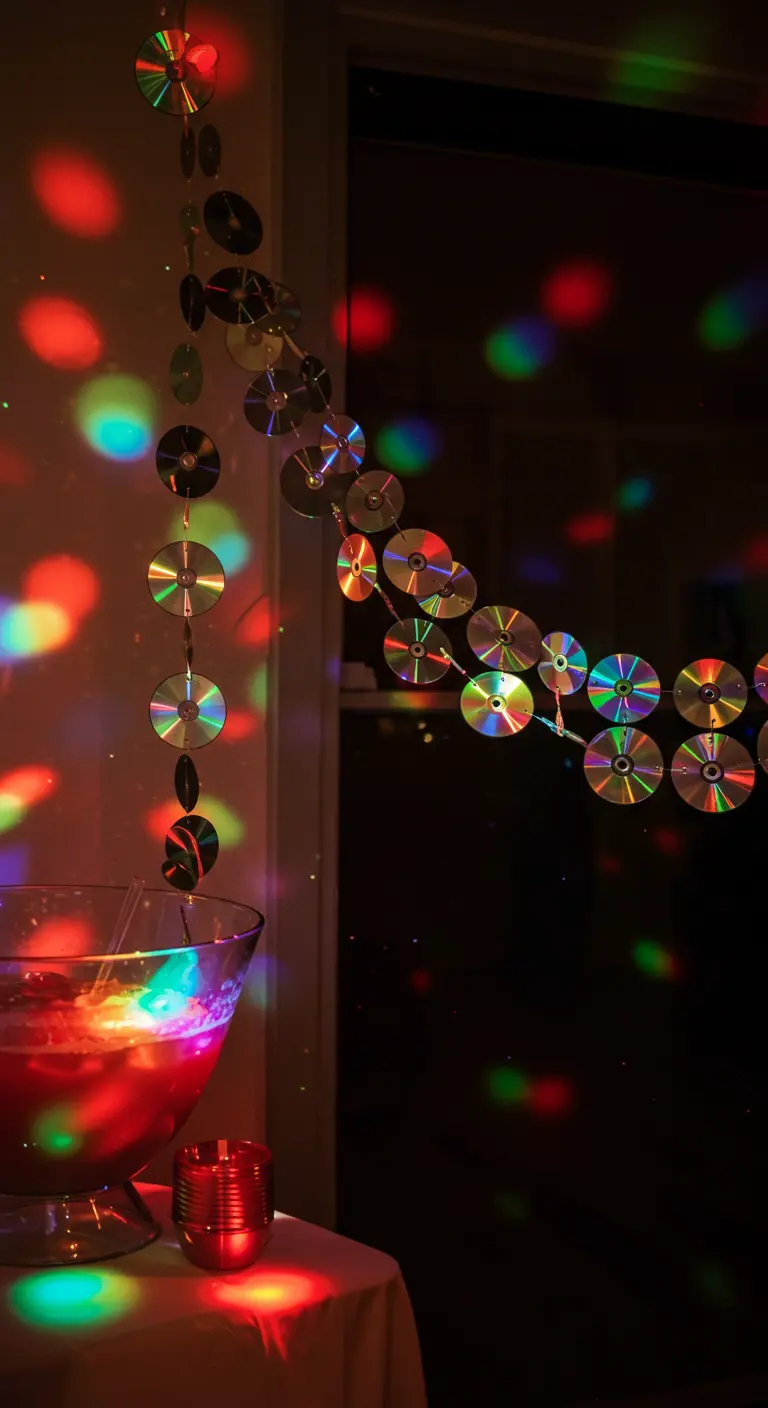 Girlande aus alten CDs, die buntes Licht in einem dunklen Raum reflektiert.