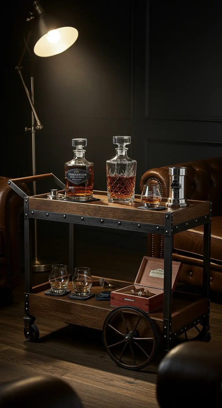 Barwagen aus Holz und Metall mit Whiskey-Karaffen und einer Zigarrenkiste in einem dunklen Raum