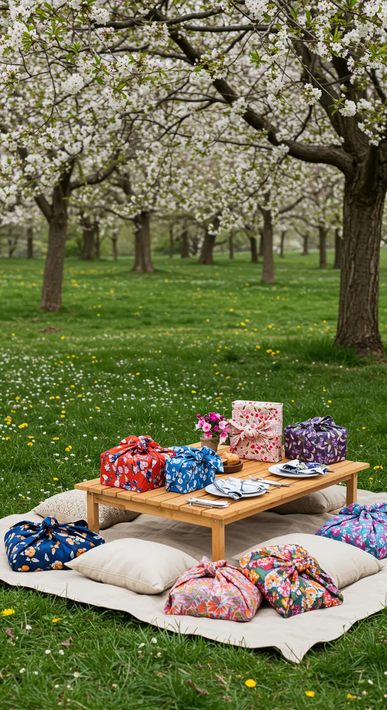 Bunt in Stoff gewickelte Geschenke auf einem Picknicktisch unter blühenden Bäumen.