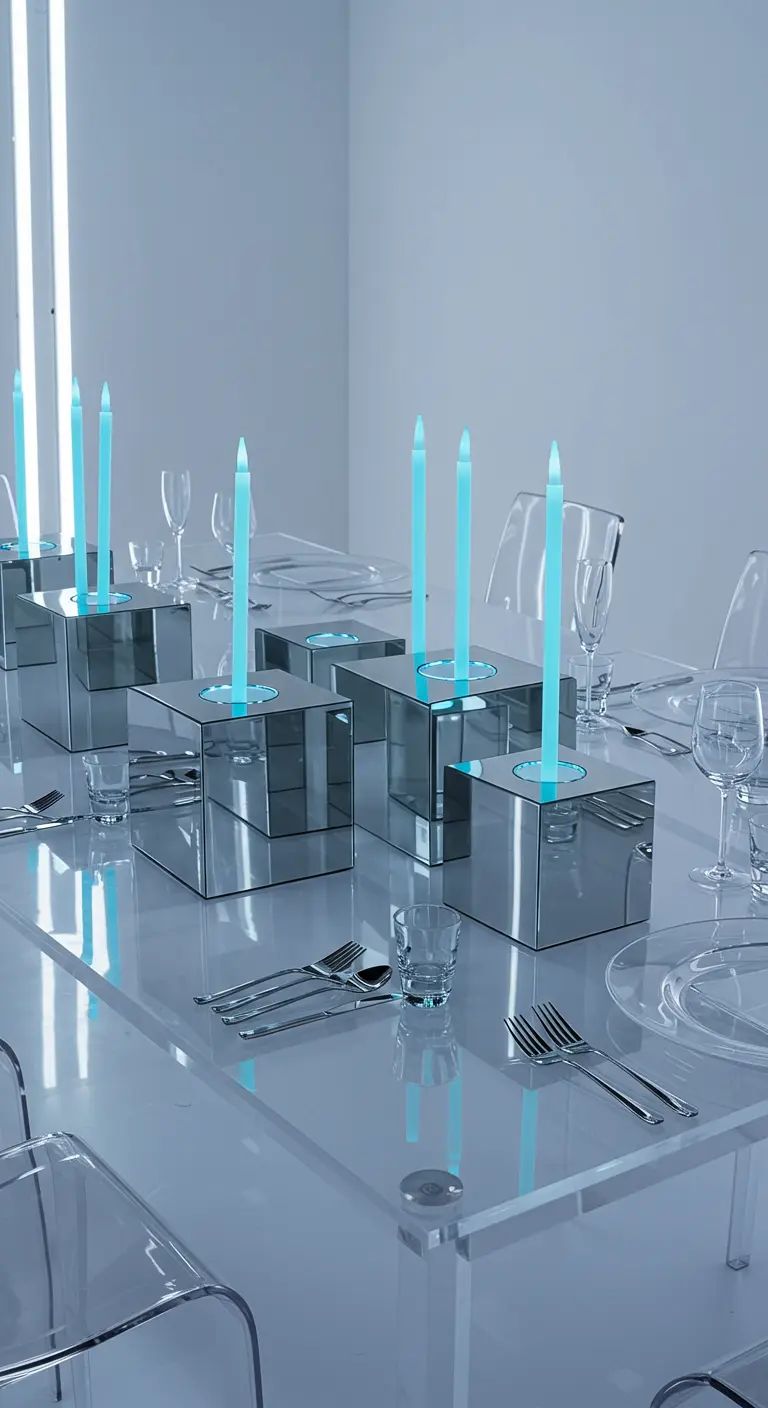 Glastisch mit spiegelnden Würfeln, auf denen dünne, leuchtend blaue Kerzen stehen