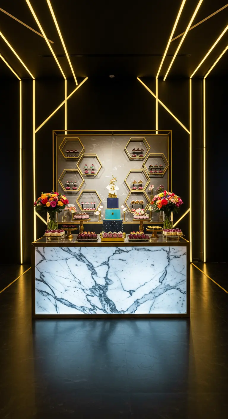 Hinterleuchteter Marmortisch vor einer Wand mit goldenen Sechseck-Regalen und Neon-Linien