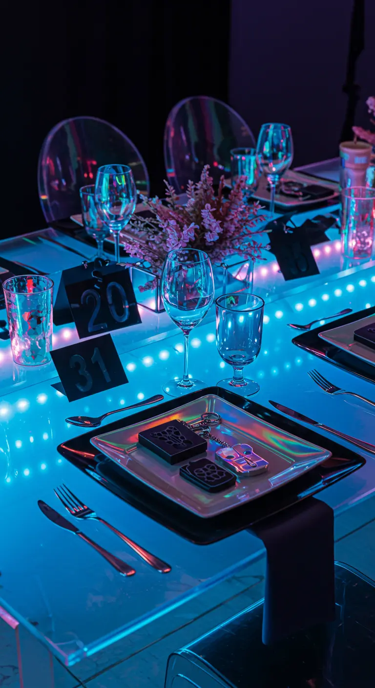 Futuristischer Tisch mit blauer LED-Beleuchtung und transparenten Stühlen.