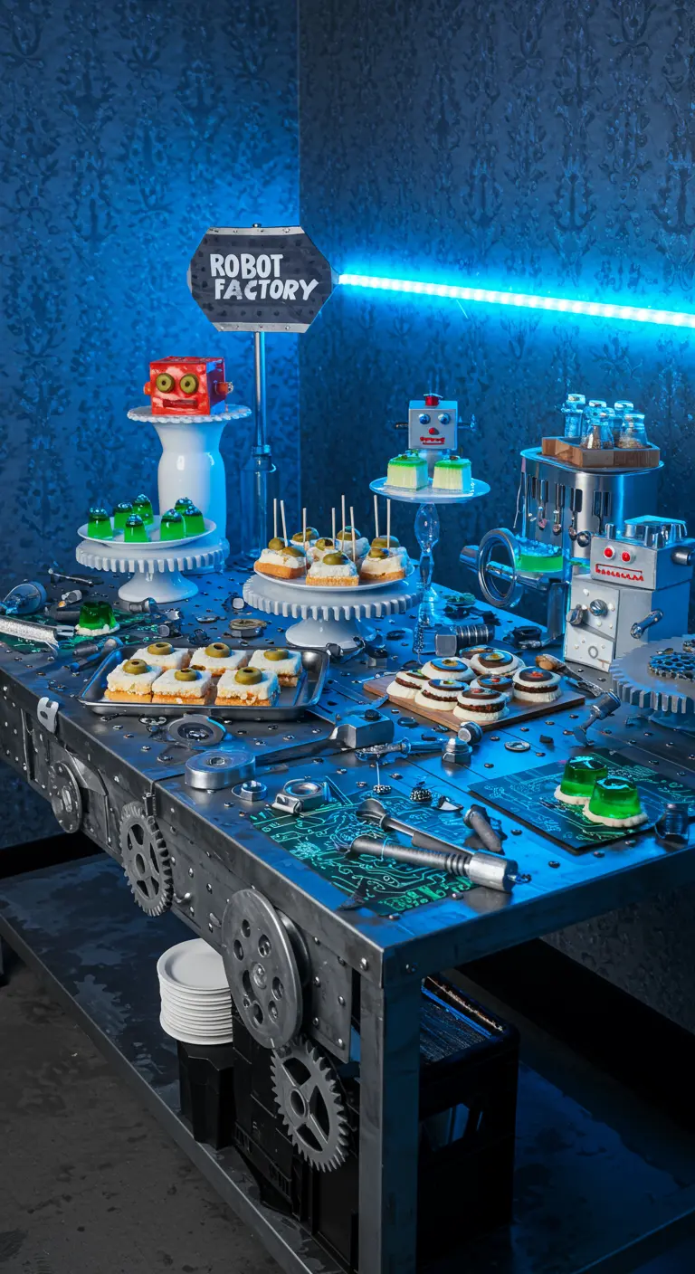 Industrielles Roboter-Buffet mit Zahnrädern, Platinen und blauer Neon-Beleuchtung