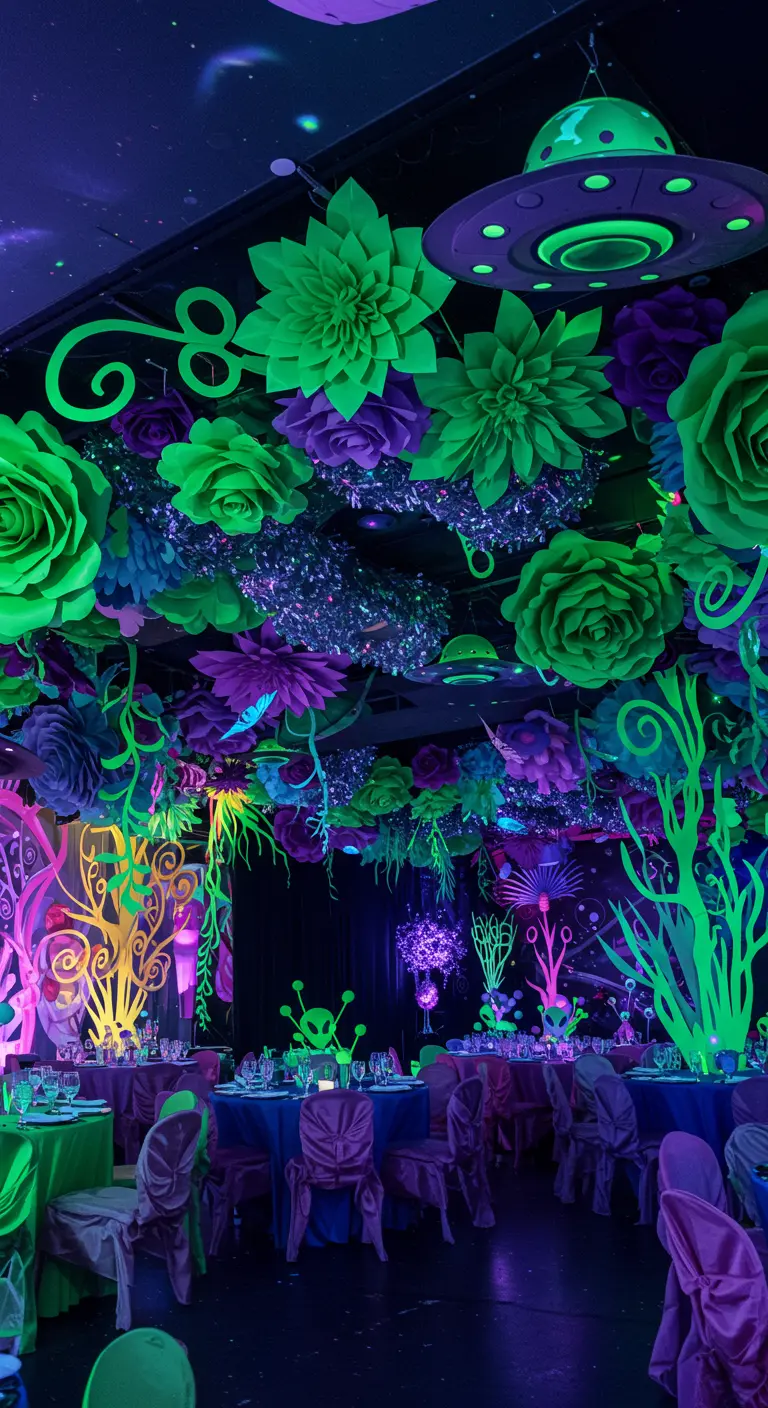 Leuchtende neongrüne und lila Papierblumen unter Schwarzlicht für eine Alien-Mottoparty.