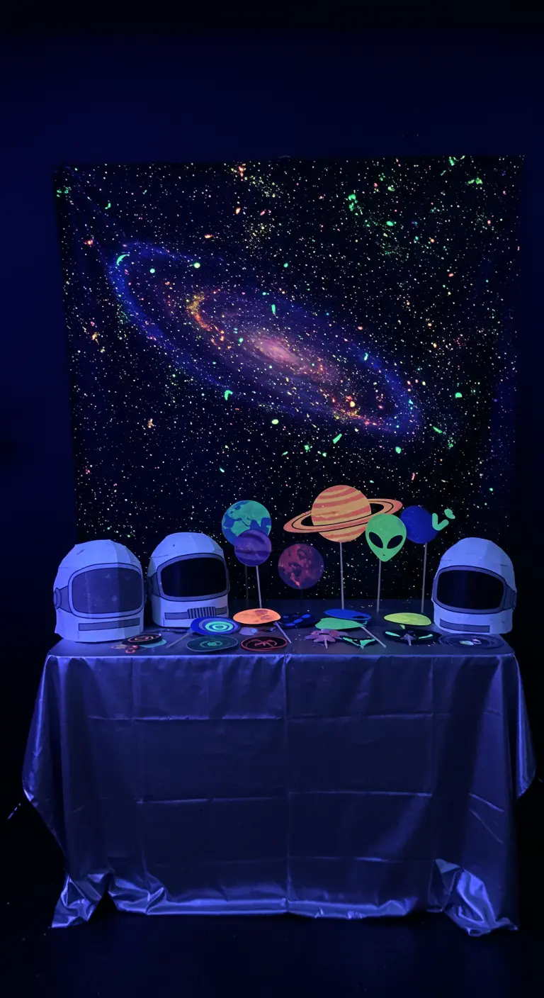 Weltraum-Photobooth mit Schwarzlicht, einem Galaxie-Hintergrund und Planeten-Requisiten