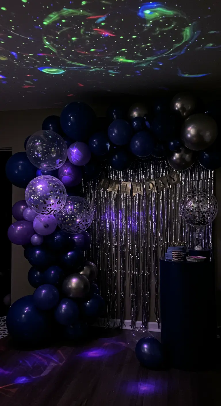 Balloninstallation in Blau- und Lilatönen vor einem Lametta-Vorhang mit Sternenprojektion