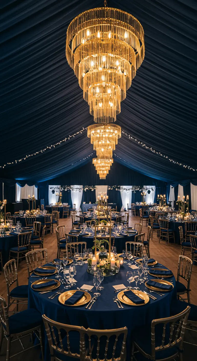 Großer Festsaal mit runden Tischen, marineblauen Tischdecken, goldenen Stühlen und großen Kronleuchtern