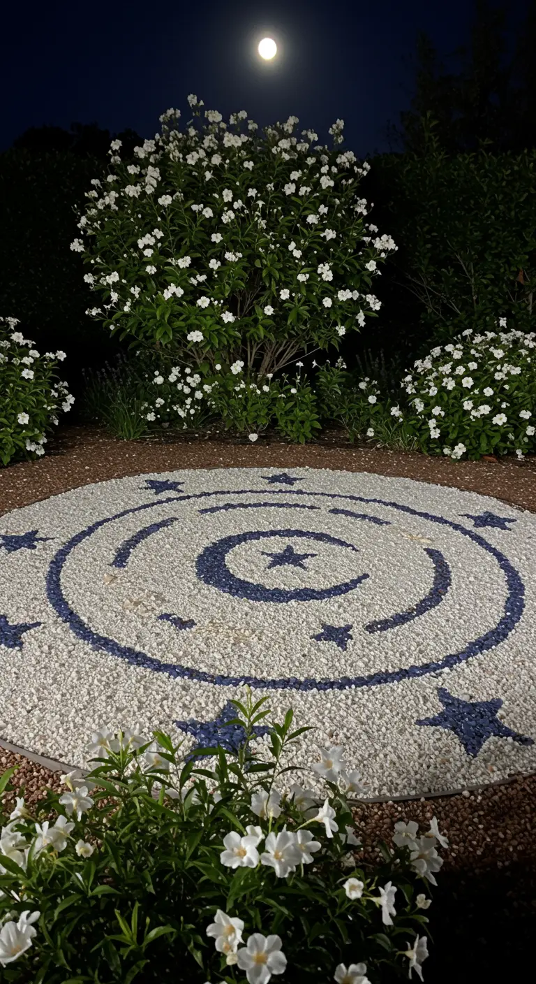 Ein Kiesel-Mandala in Form einer Galaxie mit Sternen, nachts unter dem Mondlicht.