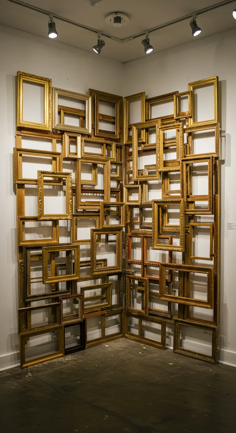 Eine Wandinstallation aus vielen leeren, goldenen Bilderrahmen, die in einer Ecke angeordnet sind.