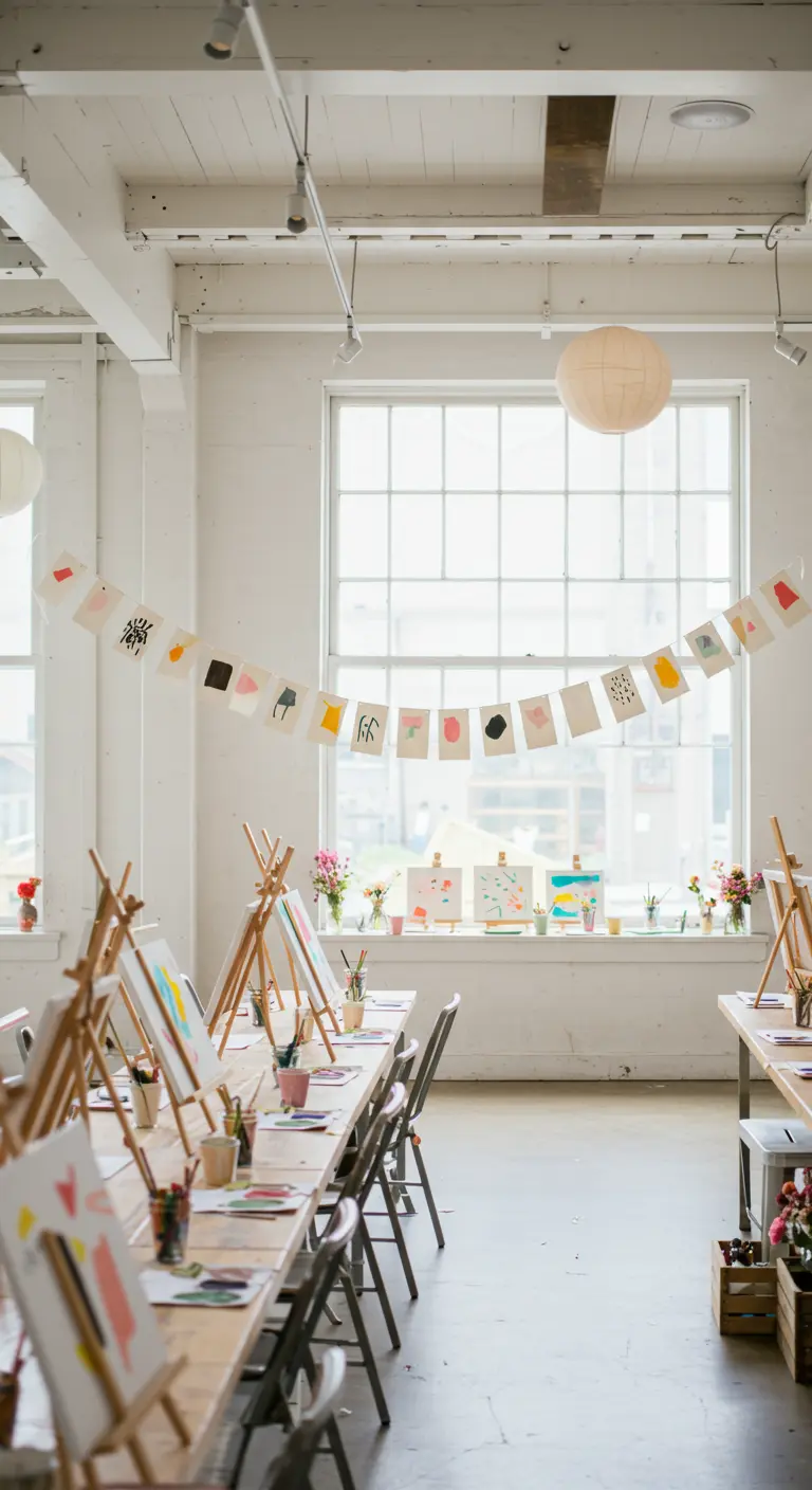 Eine Wimpelkette aus kleinen, abstrakten Kinderkunstwerken hängt vor dem Fenster eines hellen Ateliers.