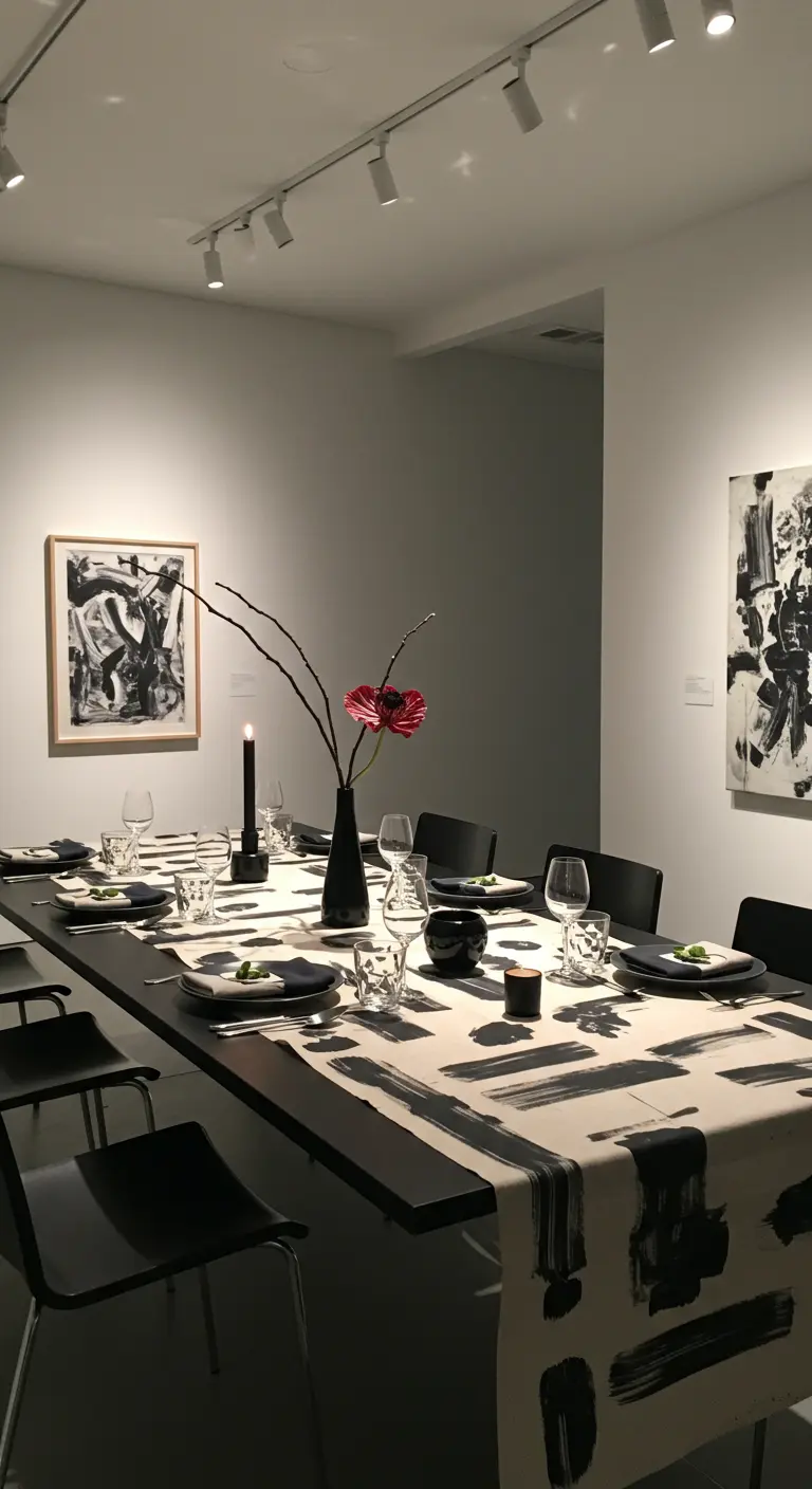 Tischläufer mit modernen, schwarzen Pinselstrichen auf weißem Grund in einem Kunstraum.