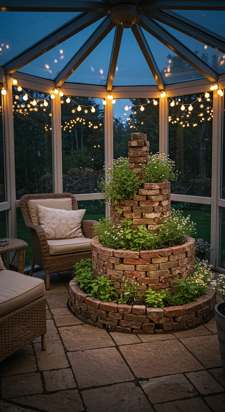 Üppig bewachsene Kräuterspirale aus Ziegelsteinen in einem gemütlichen, beleuchteten Wintergarten.