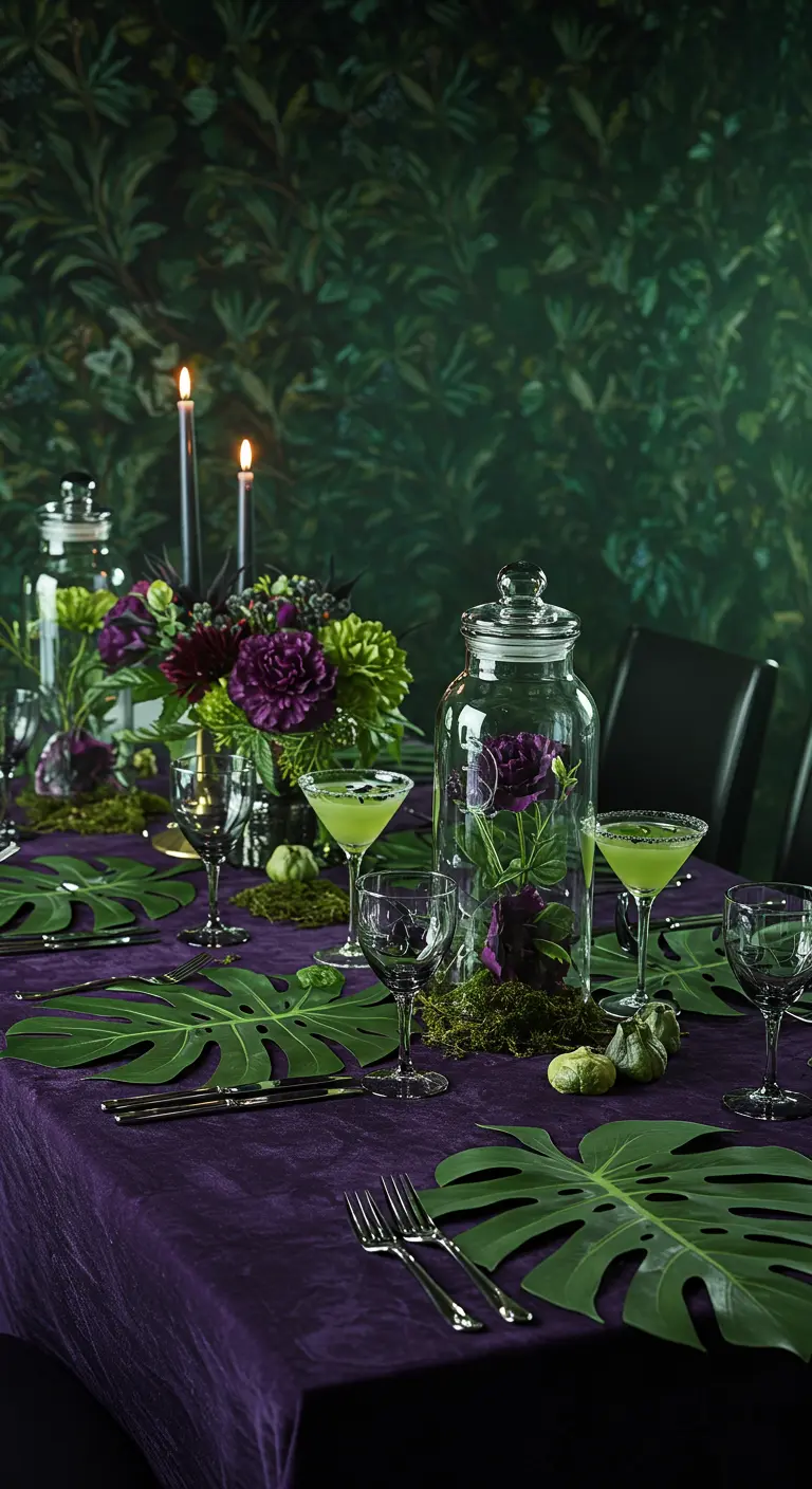 Ein Tisch mit violetter Decke, Monstera-Blättern als Platzsets und grünen Cocktails.