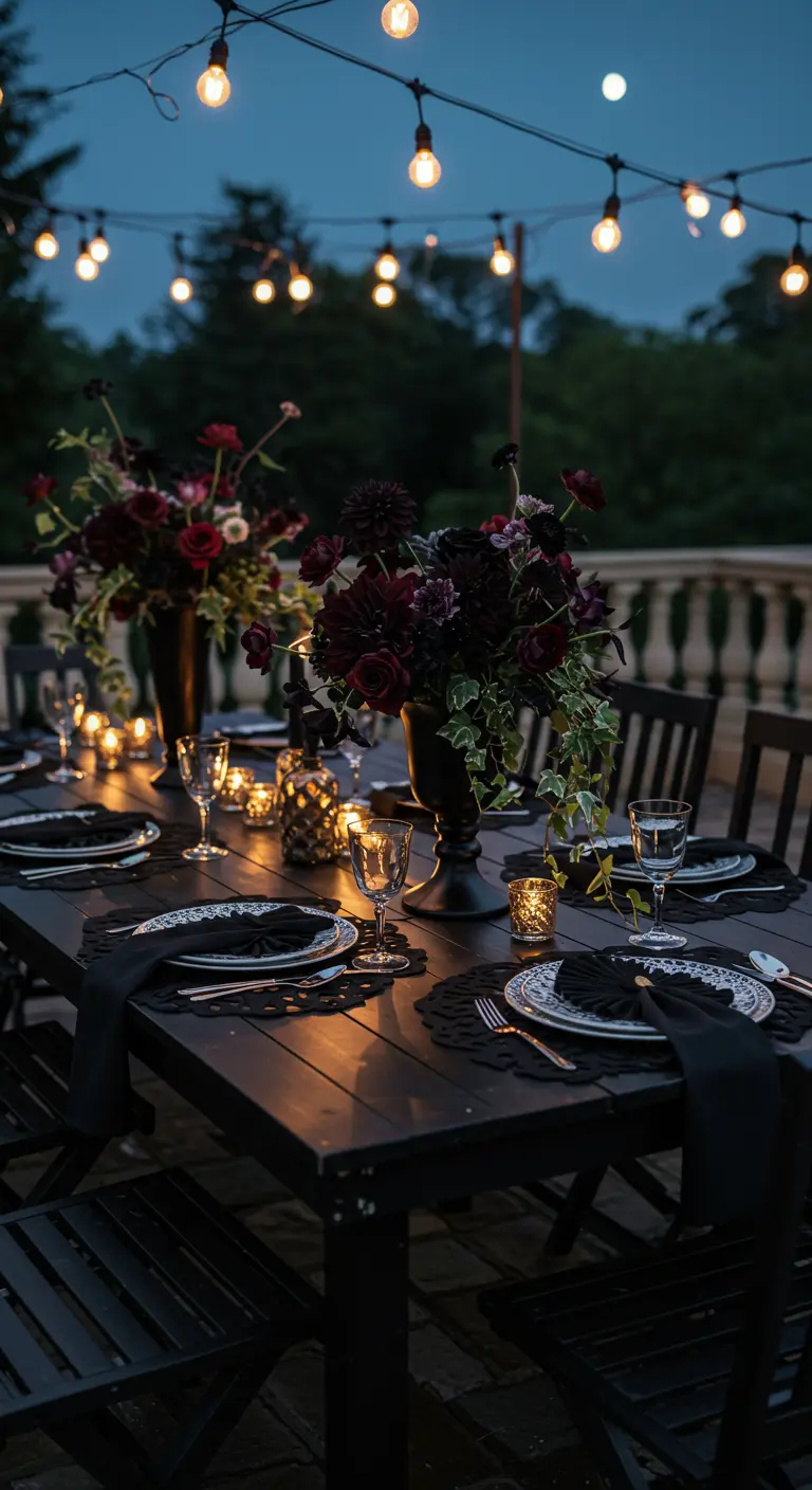 Schwarz gedeckter Tisch im Freien unter einer Lichterkette mit dunklen Blumensträußen.