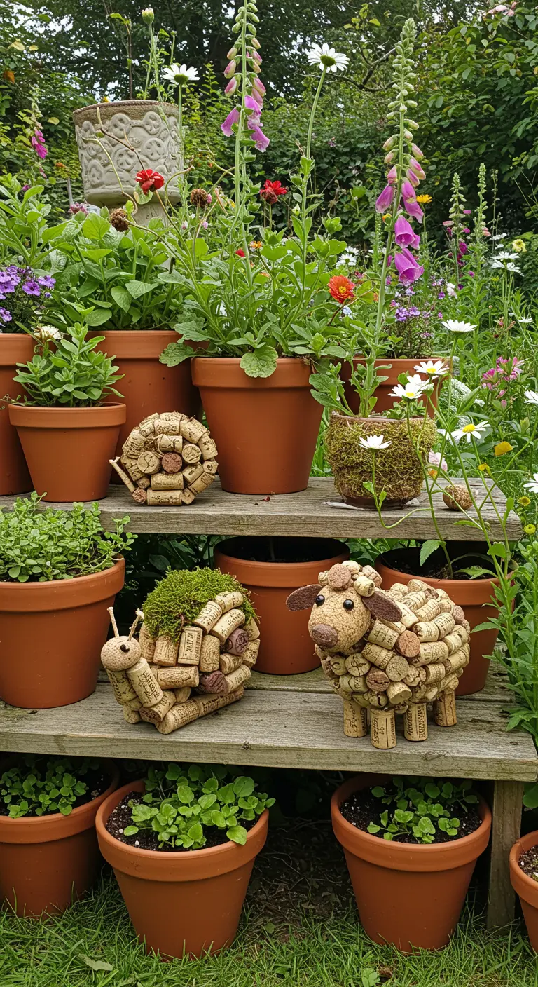 Ein Schaf und eine Schnecke aus Weinkorken als Gartendeko zwischen Terrakotta-Töpfen.