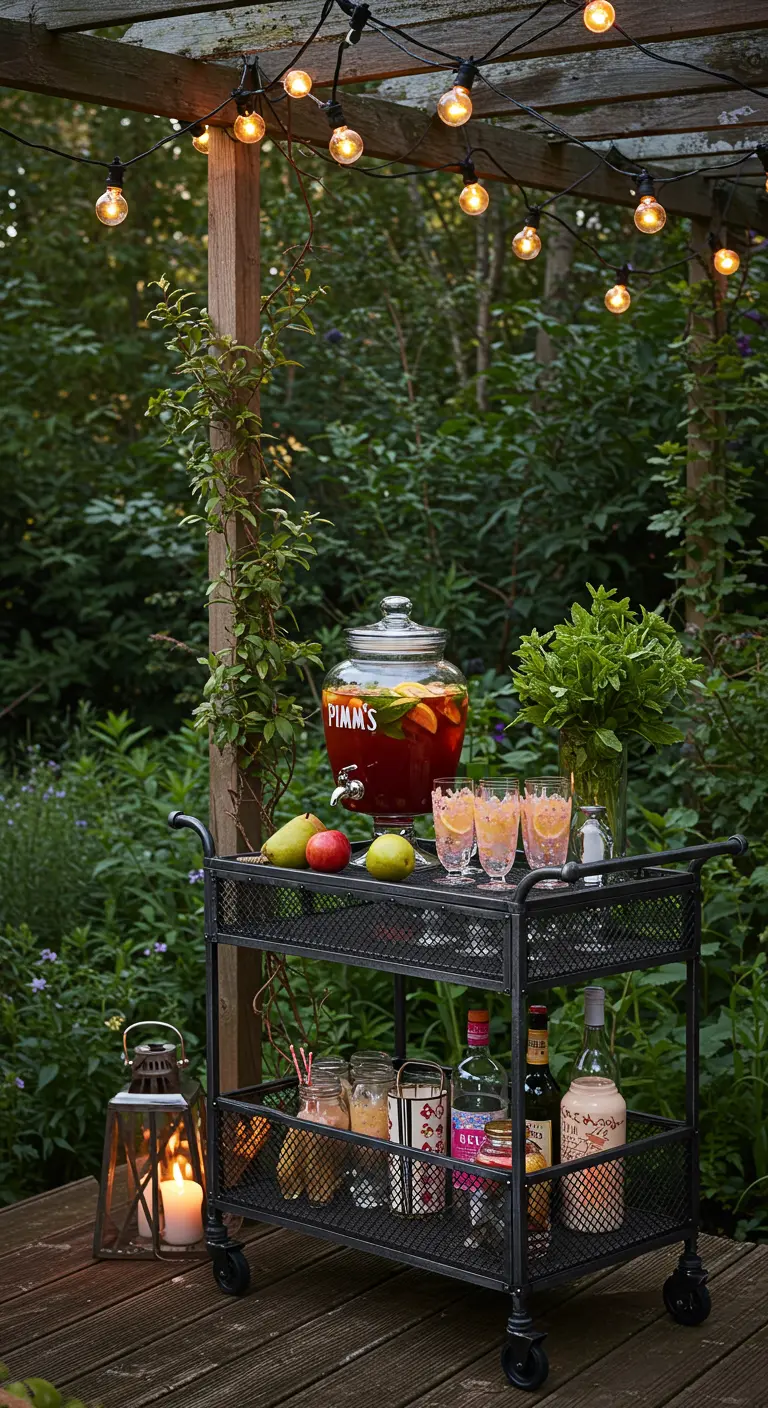 Schwarzer Metall-Barwagen im Garten unter einer Lichterkette mit einem großen Punsch-Gefäß