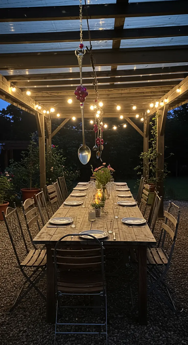 Einzelne Besteck-Girlanden hängen über einem festlich gedeckten Tisch unter einer Pergola.