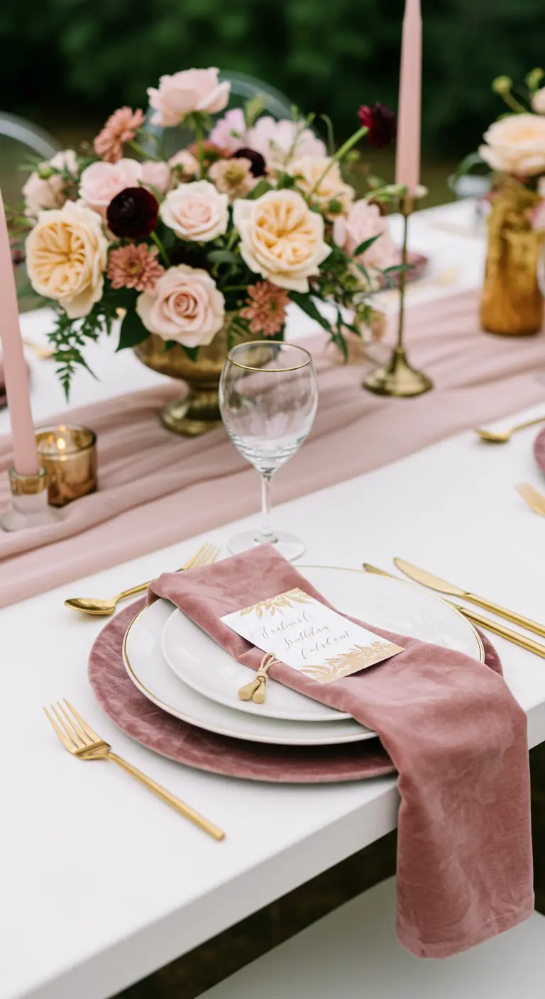 Nahaufnahme eines Gedecks mit weißem Teller, goldenem Besteck und einer gefalteten rosa Samtserviette