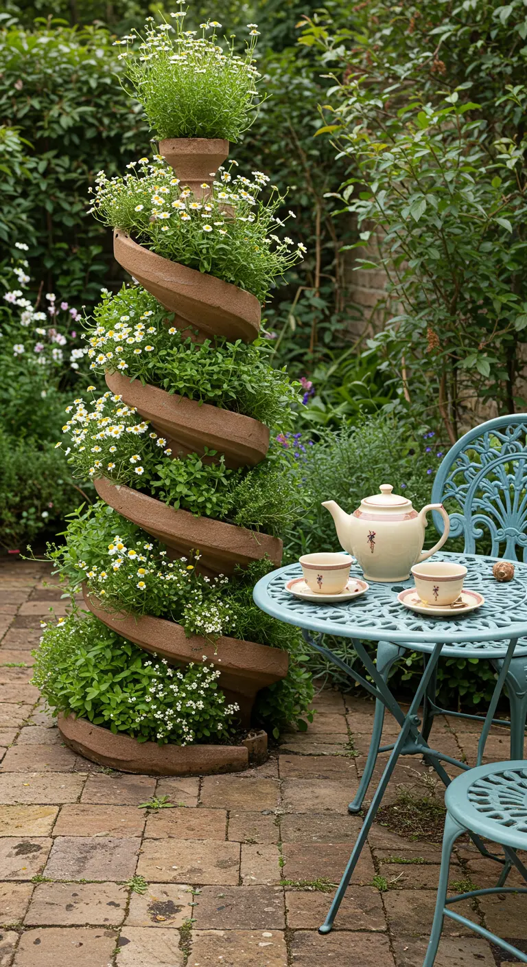 Hohe, elegante Kräuterspirale aus Terrakotta-Elementen neben einem blauen Gartentisch.