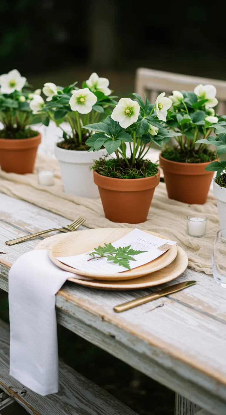 Natürliche Tischdekoration mit Holztellern, Leinen und kleinen Töpfen mit weißen Blumen.