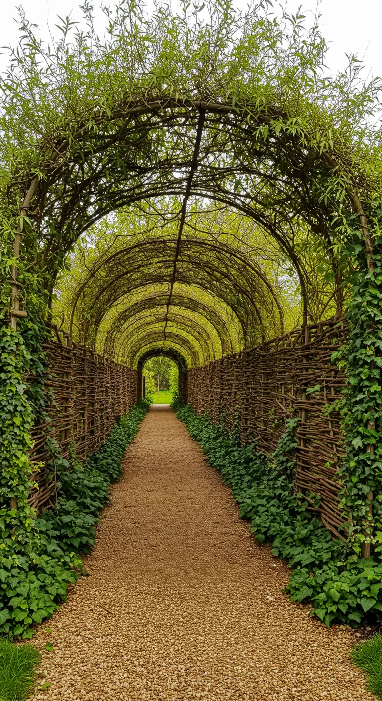 Ein langer Weidentunnel mit dicht geflochtenen Seitenwänden und einem grünen Dach.