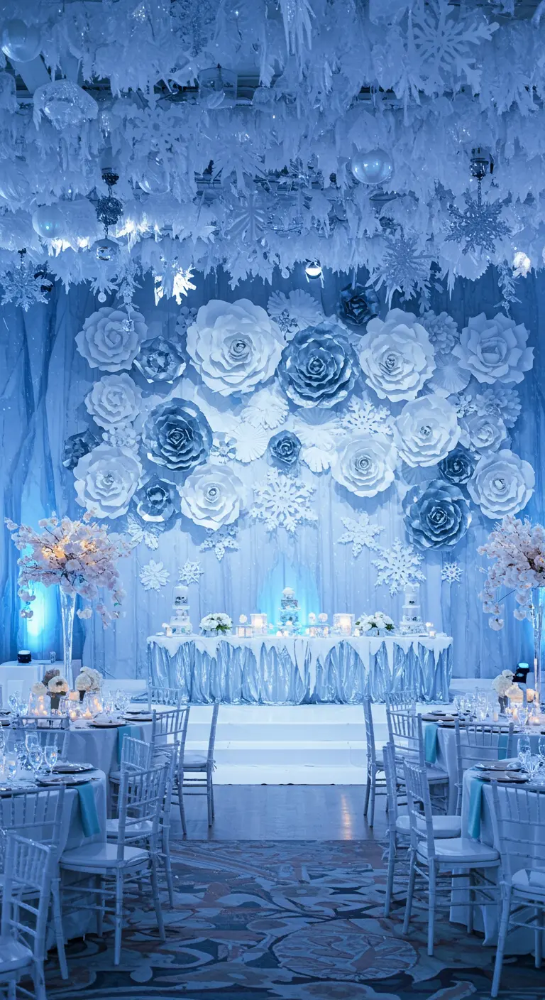 Winterliche Partydeko mit weißen, blauen und silbernen Papierrosen und Schneeflocken.