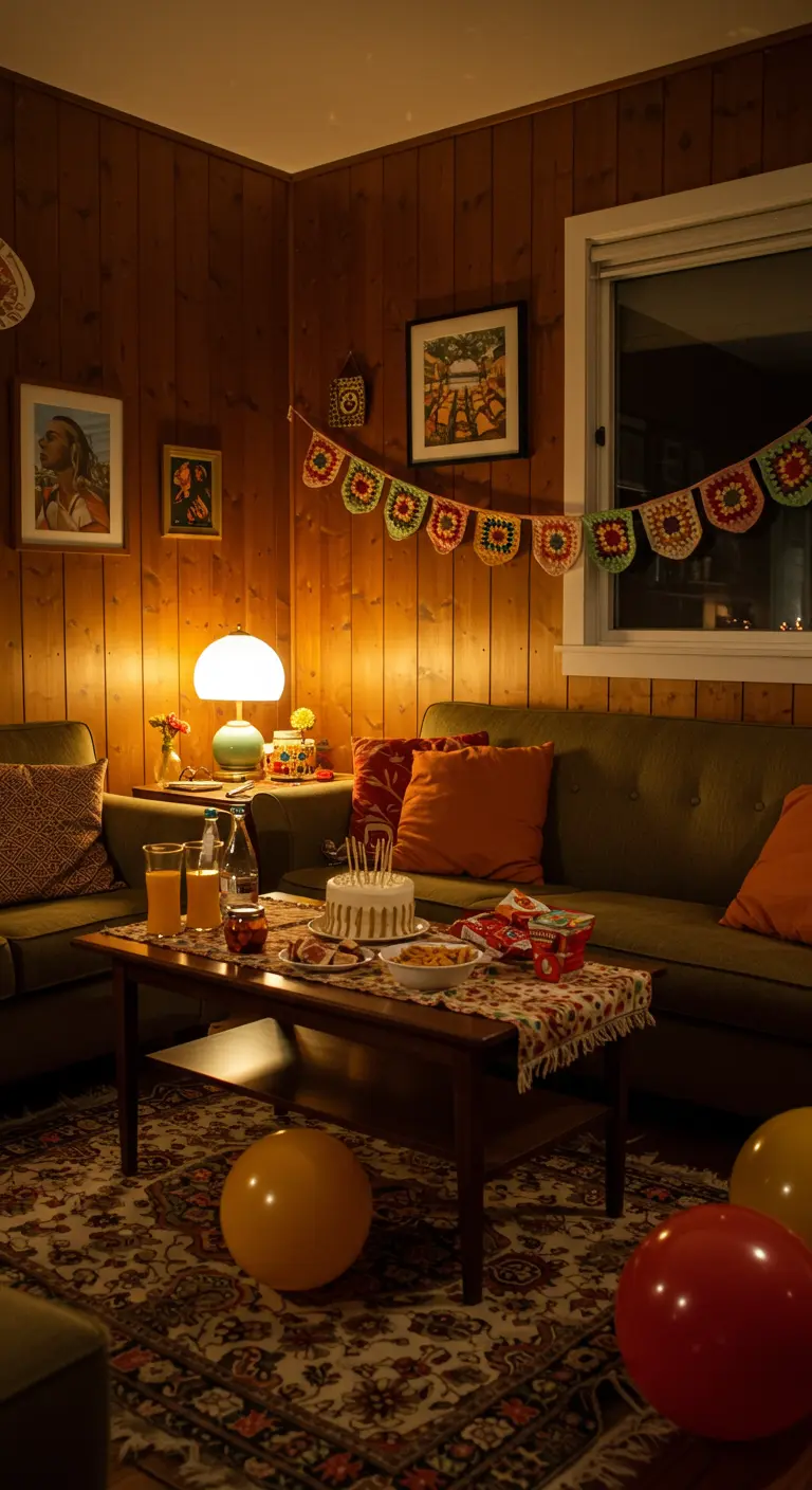 Eine bunte, gehäkelte Wimpelkette hängt in einem gemütlichen Wohnzimmer mit Holzvertäfelung und Vintage-Möbeln.