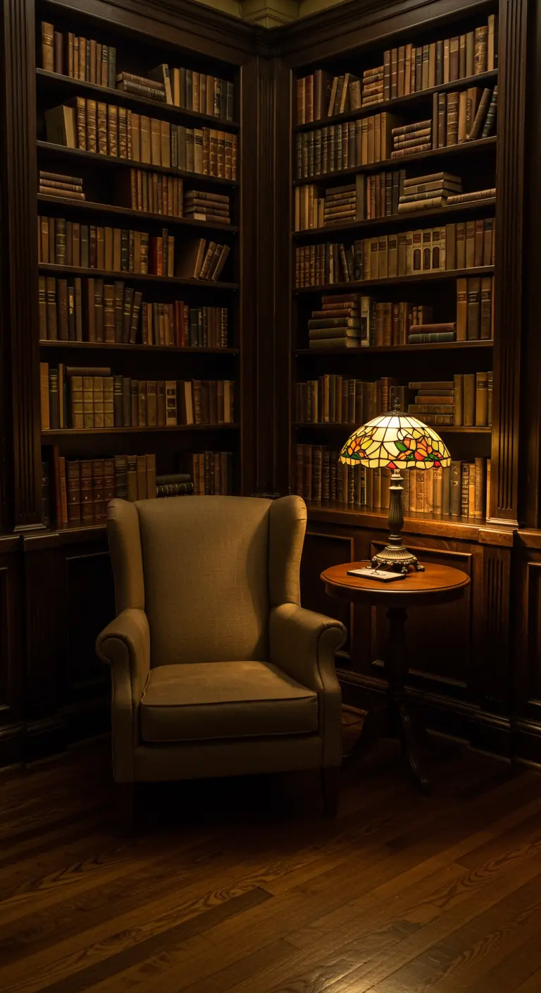 Eine gemütliche Bibliotheksecke mit einem Ohrensessel und einer Tiffany-Lampe.