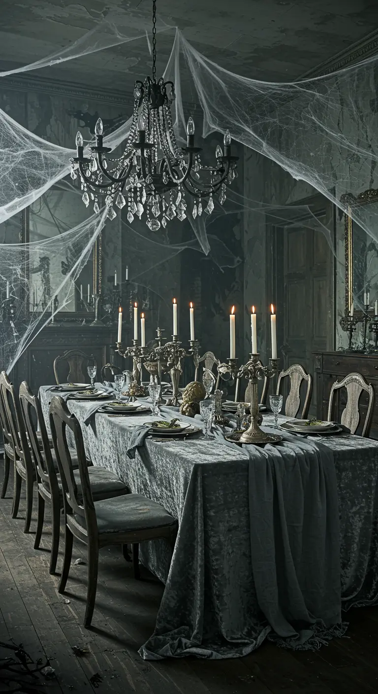 Ein langer, grau gedeckter Tisch in einem Raum voller Spinnweben mit einem Kronleuchter.