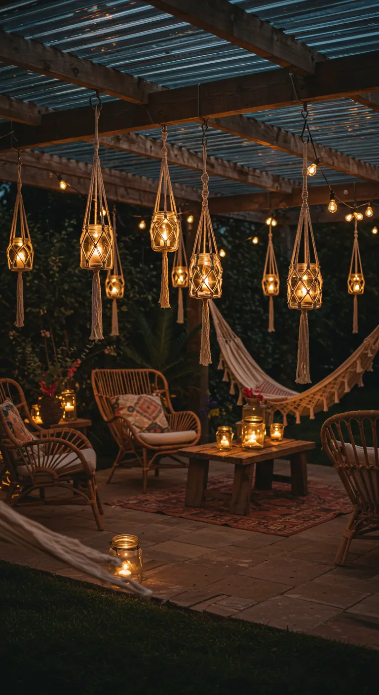 In Makramee-Halterungen gefasste Glaslaternen hängen von einer Pergola über einer gemütlichen Terrasse.