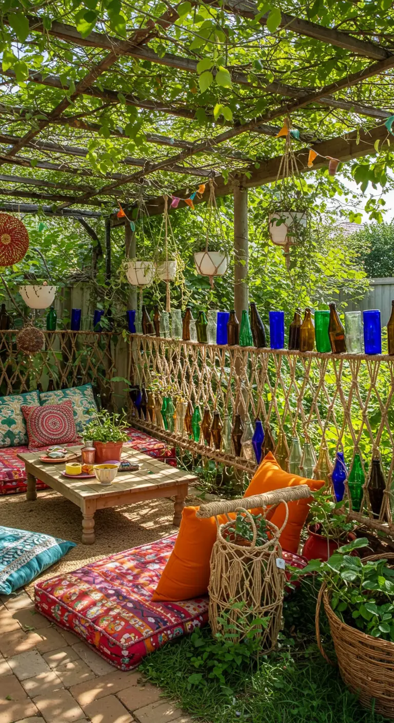 Boho-Sitzecke mit einem niedrigen Zaun aus geknüpftem Seil und bunten Glasflaschen.
