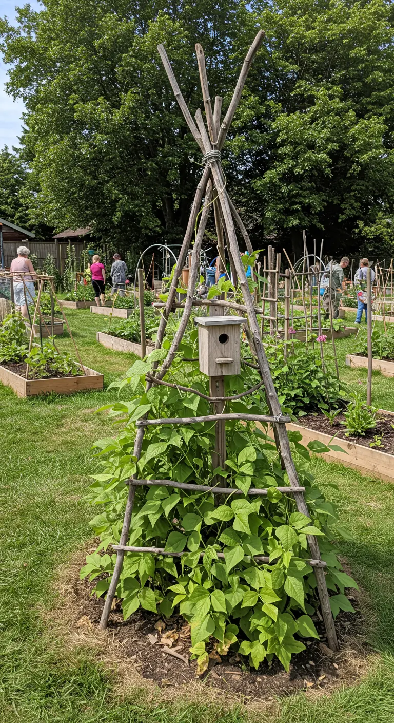 Tipi-förmige Rankhilfe aus Ästen für Bohnen in einem Gemeinschaftsgarten.